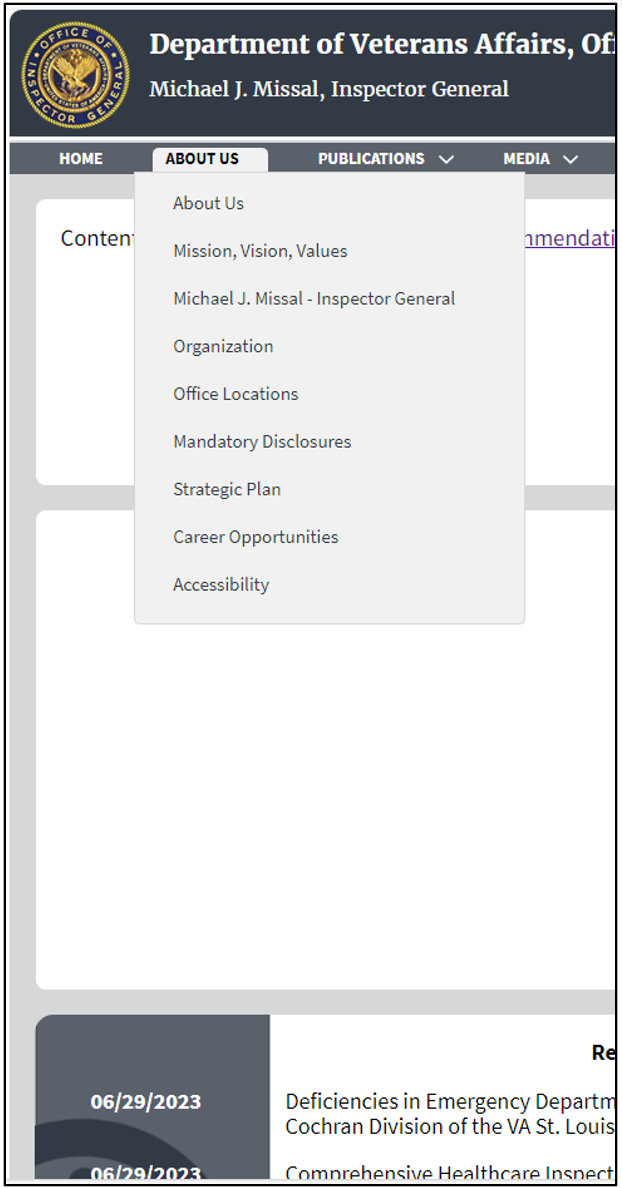 Veterans Affairs Office of Inspector General (VA OIG) site Redesign Project 2023 Department